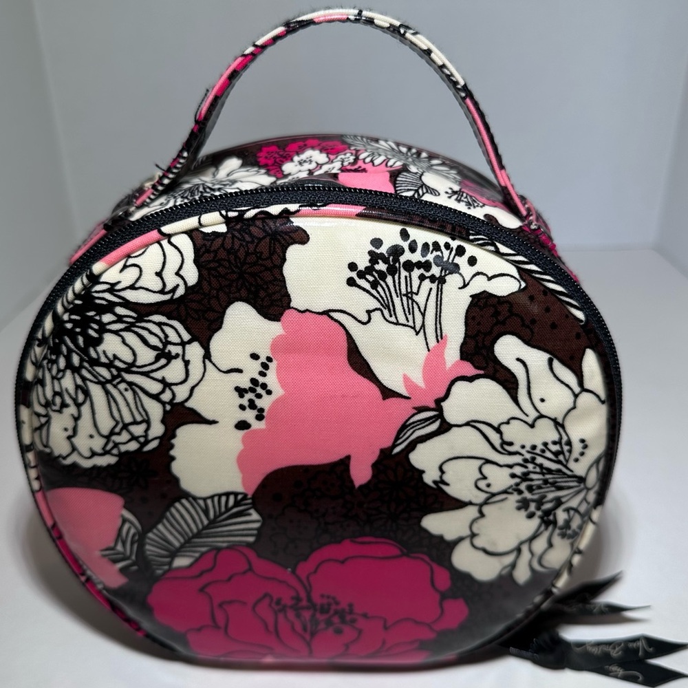 Vera Bradley Round Travel Bag Makeup Bag Waterproof Vinyl Coated Mocha Rouge